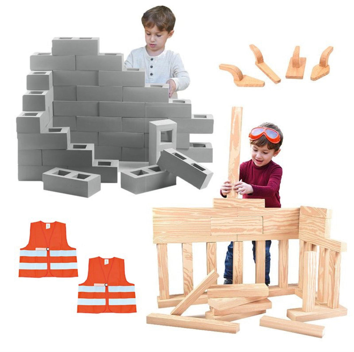 Rubber Building Set Foam Breeze Bricks & Beams with 4 Wooden Tools – 48pcs Bundle