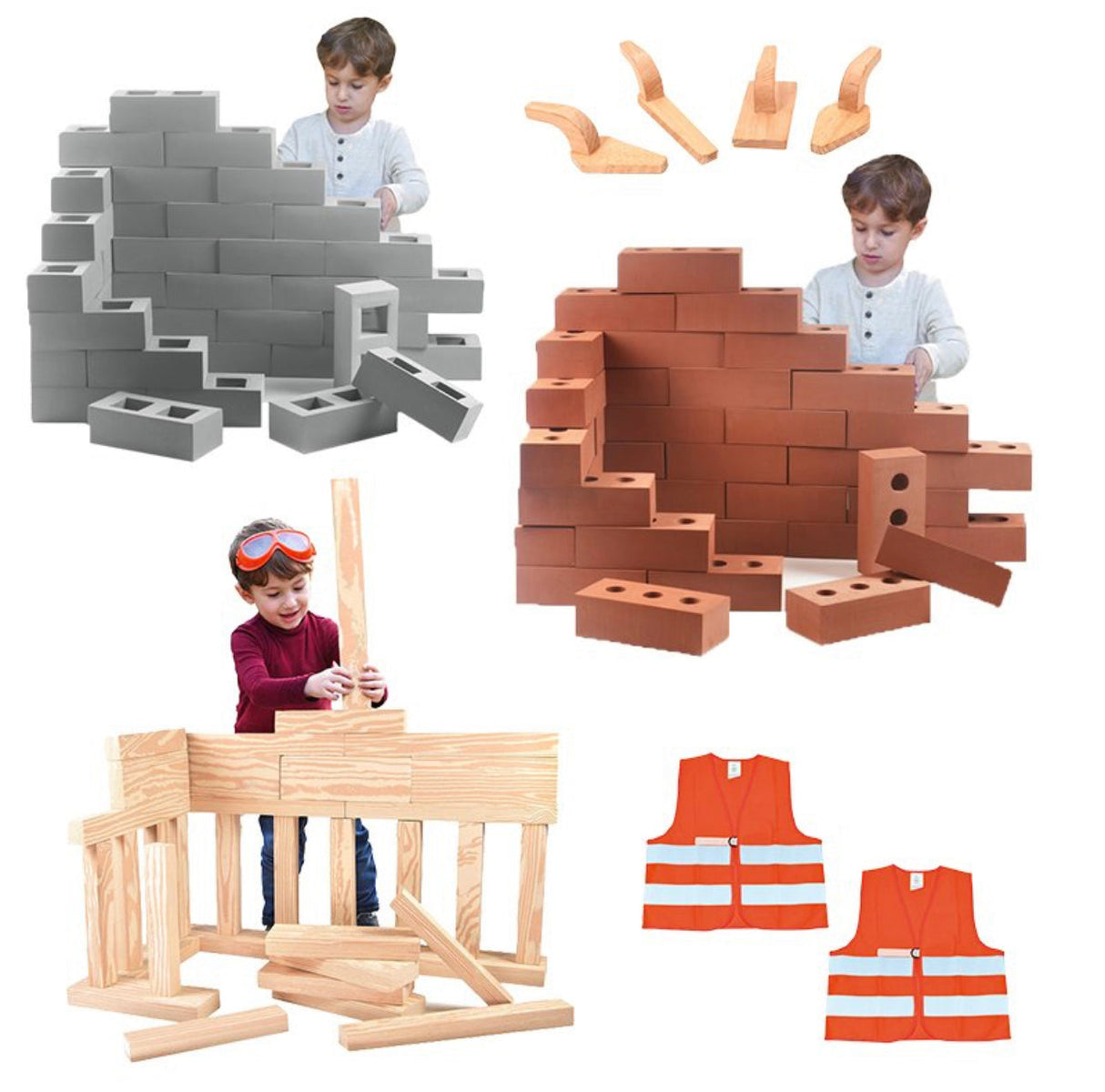 Rubber Building Set Foam Bricks, Breeze Blocks & Beams, 4 Wooden Tools – 73pcs Bundle